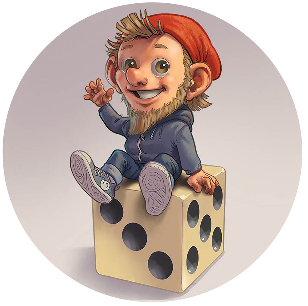 Wichtel Lasse sitzend auf einem Würfel.